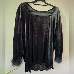 Susan Lawrence Hollywood Glam Black Velvet Top with Feather Cuffs plus size